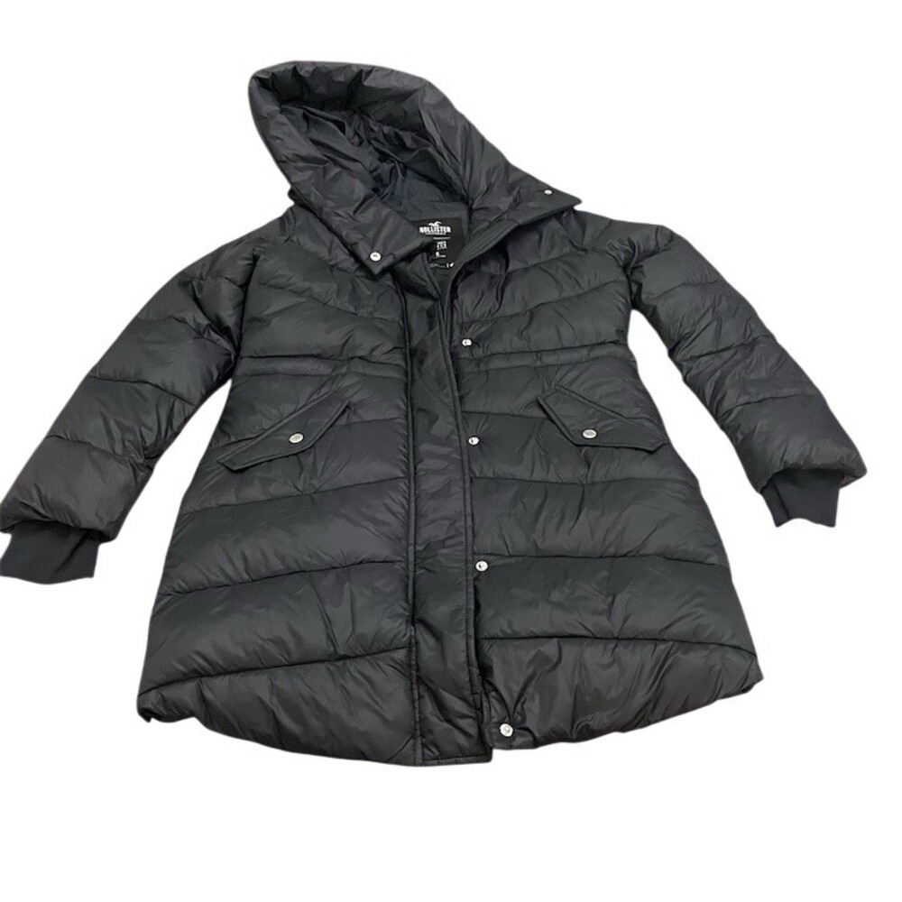 Hollister Puffer Coat Womens Size S Black Long Hooded Full Zip Quilted